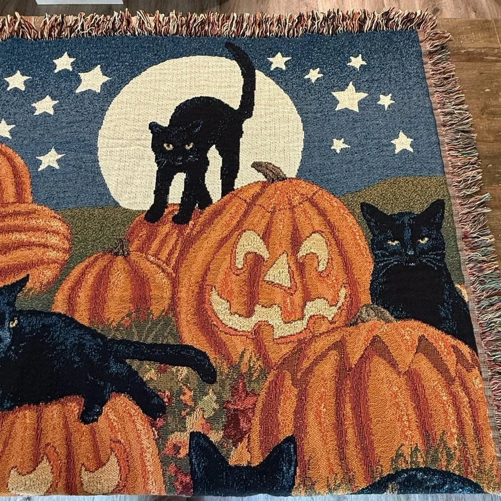 Halloween Black Cat Pumpkin Tapestry Autumn Fall Decor Blanket Throw 63